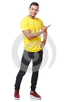 Young latin man full body portrait showing pointing marketing ad advert people isolated on white