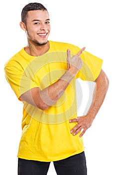 Young latin man latino showing pointing marketing ad advert people isolated on white