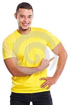 Young latin man showing pointing marketing ad advert people isolated on white