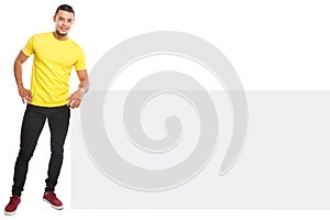 Young latin man smiling copyspace marketing ad advert empty blank sign isolated on white