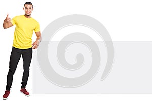 Young latin man success successful copyspace marketing ad advert empty blank sign isolated on white