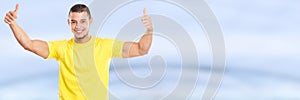 Young latin man success successful smiling happy thumbs up banner copyspace copy space people