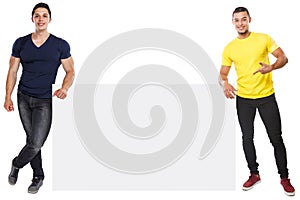 Young latin men showing pointing copyspace marketing ad advert empty blank sign isolated on white