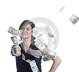 Young Latina woman throwing money