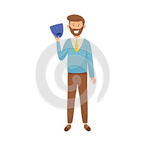 Young Laughing Bearded Man Standing and Holding Angry Mask in His Hands Vector Illustration