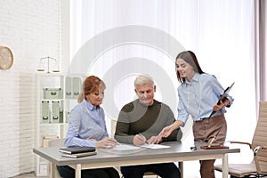 Young lawyer consulting senior couple