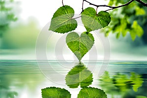 Young leave tenderly touch the water surface crafting a heart-shaped reflection. a visual symphony of love and tranquility