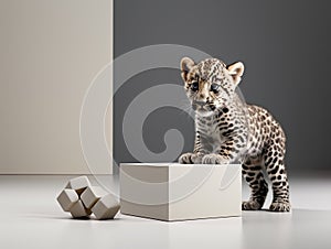 Young leopard cub in a studio photoshoot, skillfully lit against a clean backdrop.
