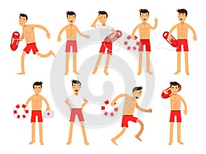 Young lifeguard man character doing his job set. Water rescue of colorful vector Illustrations
