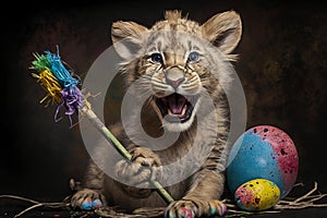 Young Lion Cub Celebrates Easter with Colorful Paint