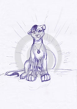 A young lion cub in front of the rising sun. Doodle illustration.