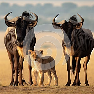 Young lion cub(s) stand among wildebeest