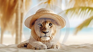 Young lion wearing a hat resting on the beach