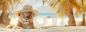 Young lion wearing a hat resting on the beach