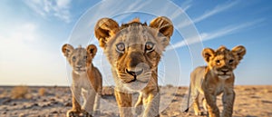 Young Lions Captivate With Inquisitive Gaze, Captured In Desert Photography photo