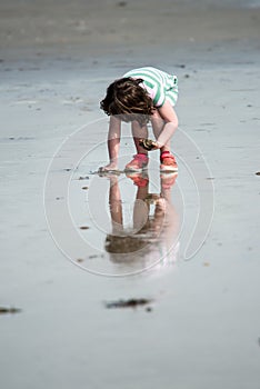 Young little girl on beach playing in the surf