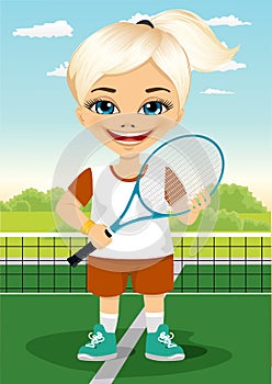 Young little girl with racket and ball on tennis court smiling