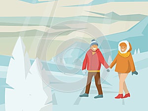 Young lovely couple character male female walking winter national park wife and husband outdoor travel flat vector