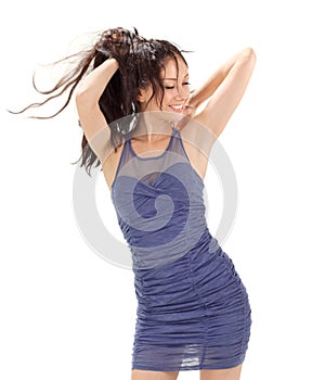 Young lovely woman in blue pleated sun-dress