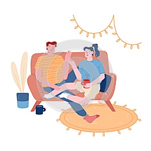 Young Loving Couple Sitting on Couch in Living Room Drinking Tea, Chatting. Male Female Characters Together on Weekend