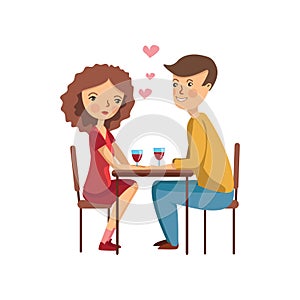Young loving couple sitting in restaurant, pink hearts flying in the air. Romantic date. Flat vector design