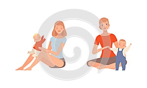 Young Loving Mother Spending Time with Her Little Baby Nursing Him Vector Set