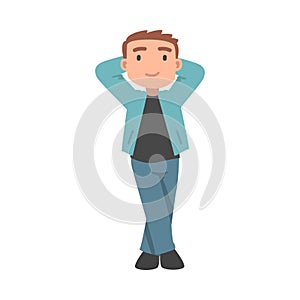 Young Lying Man with His Head on His Hands Sky Watching View from Above Vector Illustration