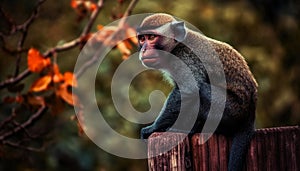 Young macaque sitting on tree branch, looking generated by AI