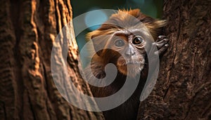 Young macaque sitting on tree branch, staring generated by AI