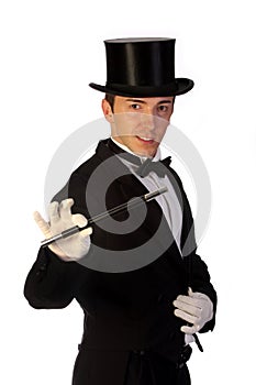 Young magician performing with wand