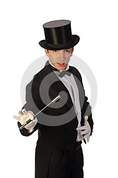 Young magician performing with wand