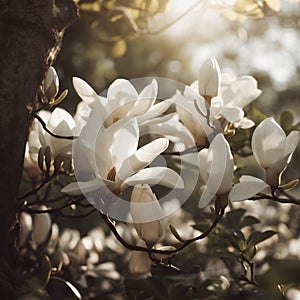 Young Magnolia trees with white blossoms.Generated by AI