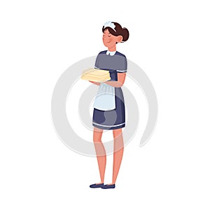 Young maid holding stack of clean towels vector illustration