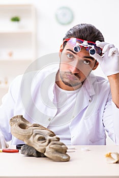 Young male archaeologist studying ancient african stonemask