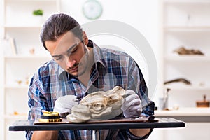 Young male archaeologist studying ancient african stonemask