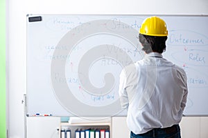 The young male architect in front of the whiteboard