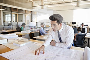 Young male architect studying plans in open plan office