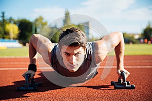 Young male athlete makes push ups on a racetrack