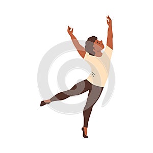 Young male ballet dancer standing in posture on toes, vector cartoon boy ballerina classical ballet dance performance