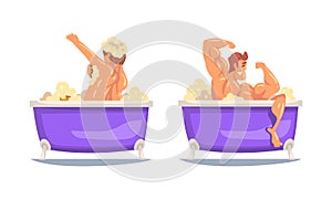 Young Male Bathing in the Bathtub Washing His Body with Soap and Shower Puff Vector Set