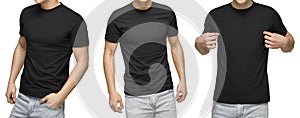 Young male in blank black t-shirt, front and back view, isolated white background. Design men tshirt template and mockup for print photo