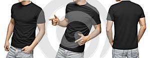 Young male in blank black T-shirt, front and back view, white background . Design men tshirt template and mockup for print