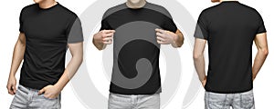 Young male in blank black T-shirt, front and back view, white background . Design men tshirt template and mockup for print