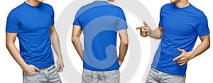 Young male in blank blue t-shirt, front and back view, isolated white background. Design men tshirt template and mockup for print