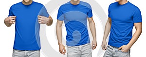 Young male in blank blue t-shirt, front and back view, isolated white background . Design men tshirt template and mockup for print photo