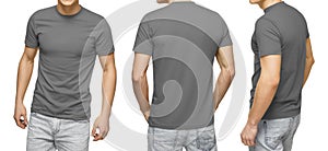 Young male in blank gray t-shirt, front and back view, isolated white background . Design men tshirt template and mockup for print