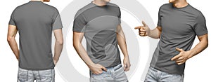 Young male in blank gray t-shirt, front and back view, isolated white background . Design men tshirt template and mockup for print