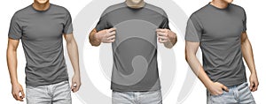 Young male in blank gray t-shirt, front and back view, isolated white background . Design men tshirt template and mockup for print