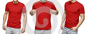 Young male in blank red t-shirt, front and back view, isolated white background. Design men tshirt template and mockup for print photo