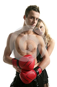 young male boxer with blond beautiful girl